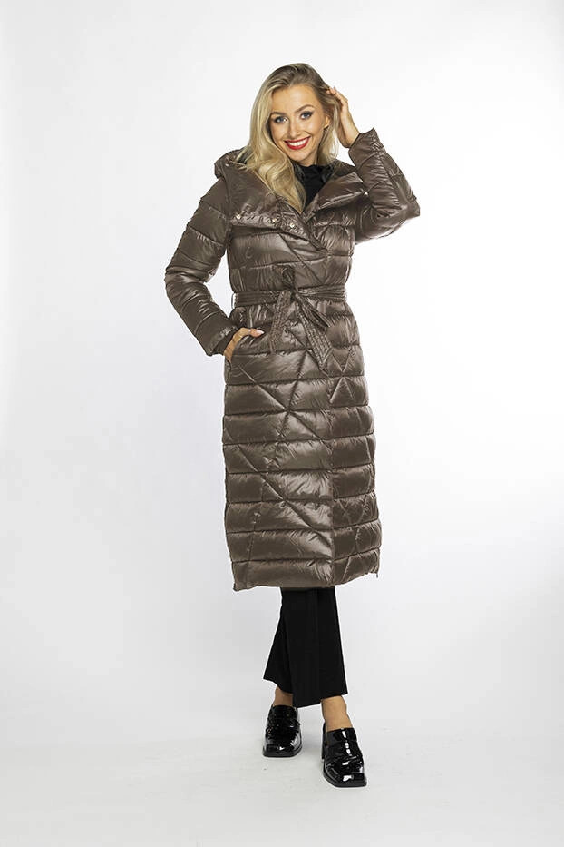 Dámske sako ťavej farby s opaskom na zaväzovanie (AG1-J9069B) odstíny hnědé 48