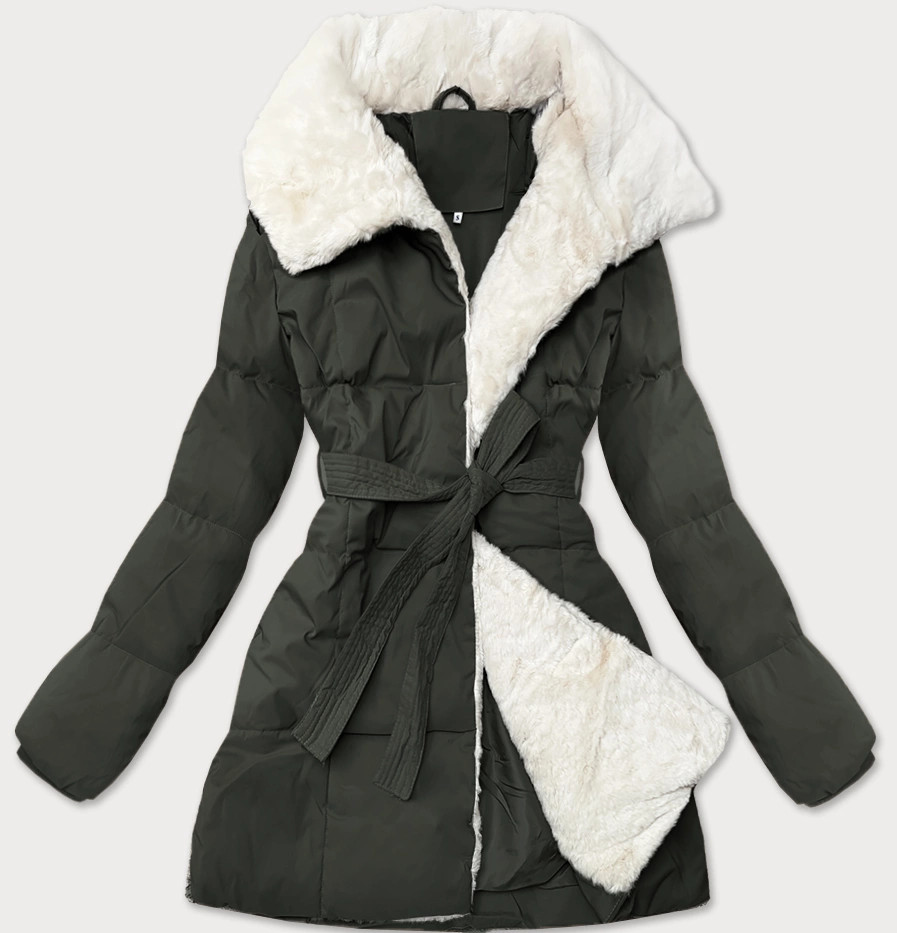 Dámska bunda vojenskej farby s kožušinovým lemom, so stojačikom J Style (16M9165-136) odstíny zelené L (40)