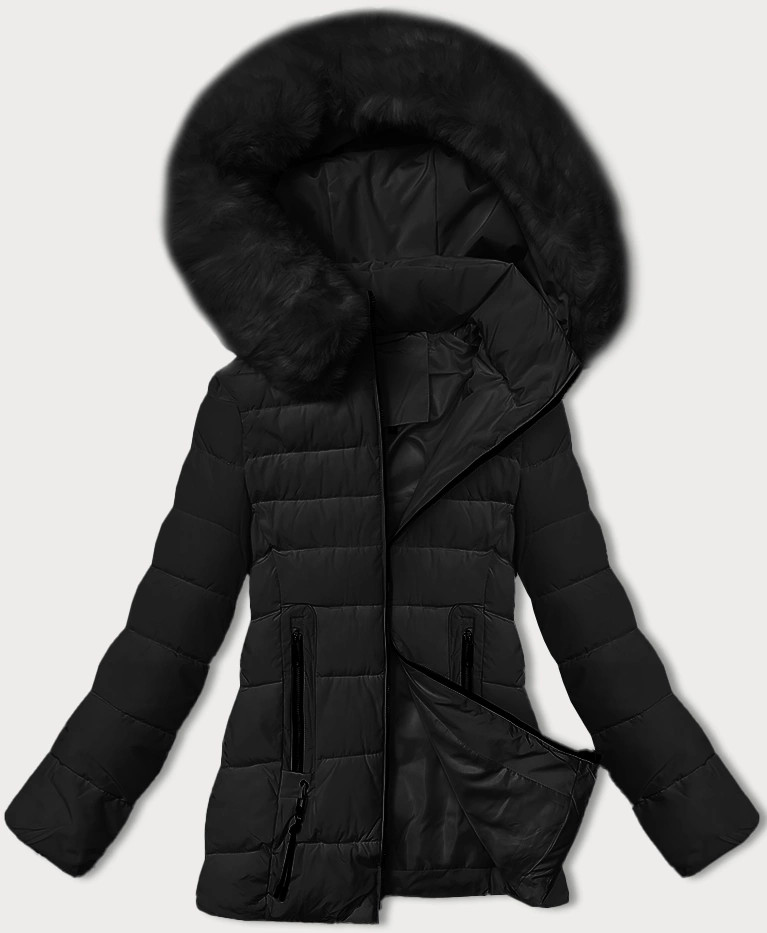 Čierna dámska prechodná prešívaná bunda s kožušinou na kapucni S'west (B8301-1) odstíny černé S (36)