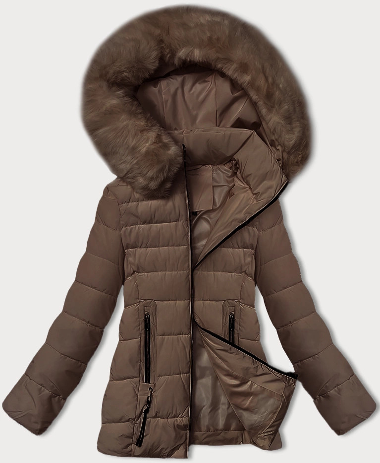 Dámska prechodná prešívaná bunda v kakaovej farbe s kožušinou na kapucni S'west (B8301-48) odstíny hnědé S (36)
