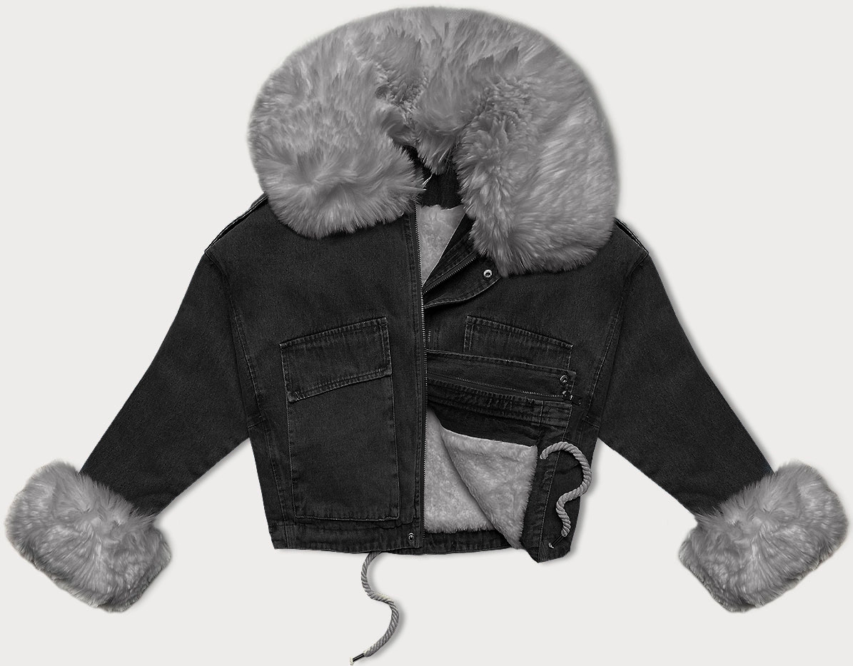 Dámska krátka džínsová bunda s kožušinovou podšívkou J Style (11Z8219) odstíny černé XL (42)
