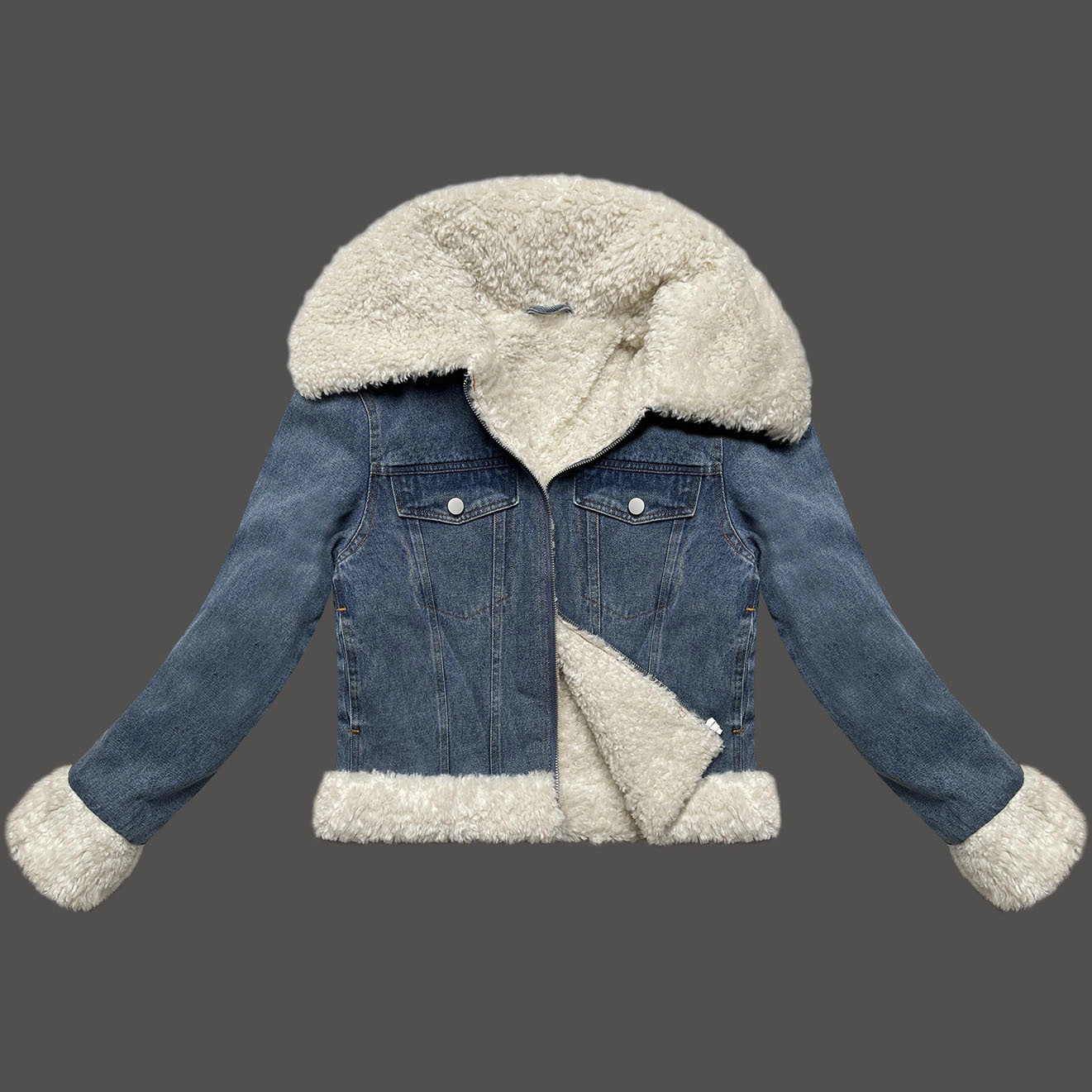 Svetlomodrá/ecru džínsová bunda s podšívkou z jahňacej kože J Style (11Z8217) odstíny modré L (40)