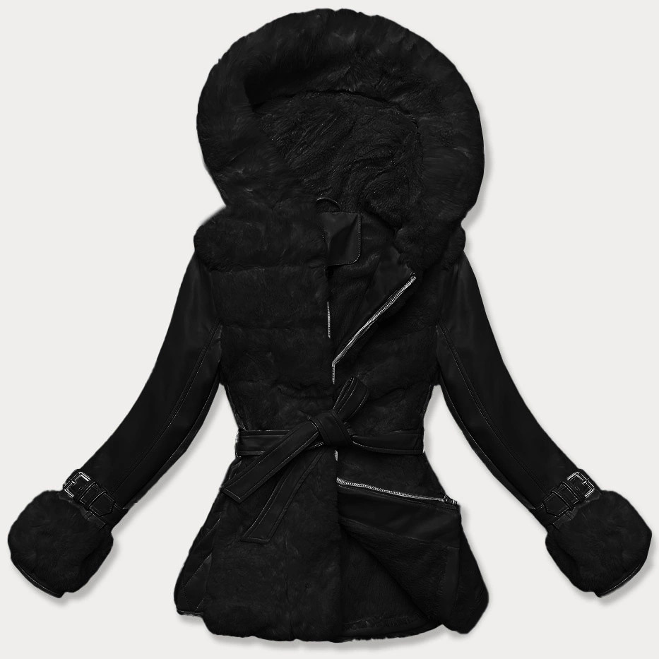 Čierna dámska kožušinová bunda s prvkami z ekokože J Style (11Z8173) odstíny černé L (40)