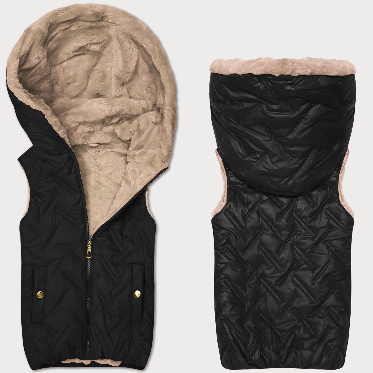 Čierno-béžová dámska vesta s kožušinovou podšívkou S'West (B8252-1046) odstíny černé S (36)