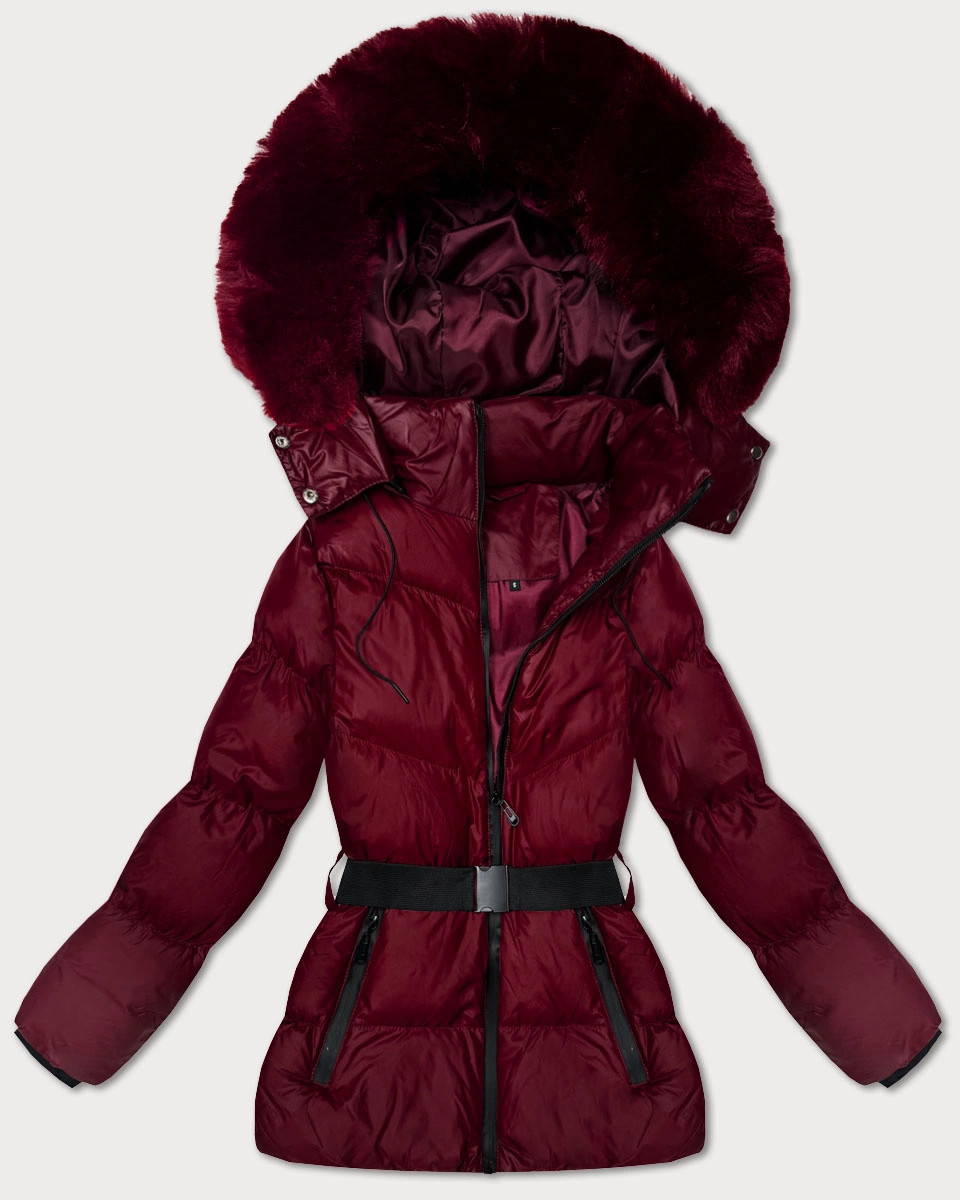 Zimná bunda vo vínovej farbe s kapucňou a opaskom J Style (5M3322-1) odstíny červené XL (42)