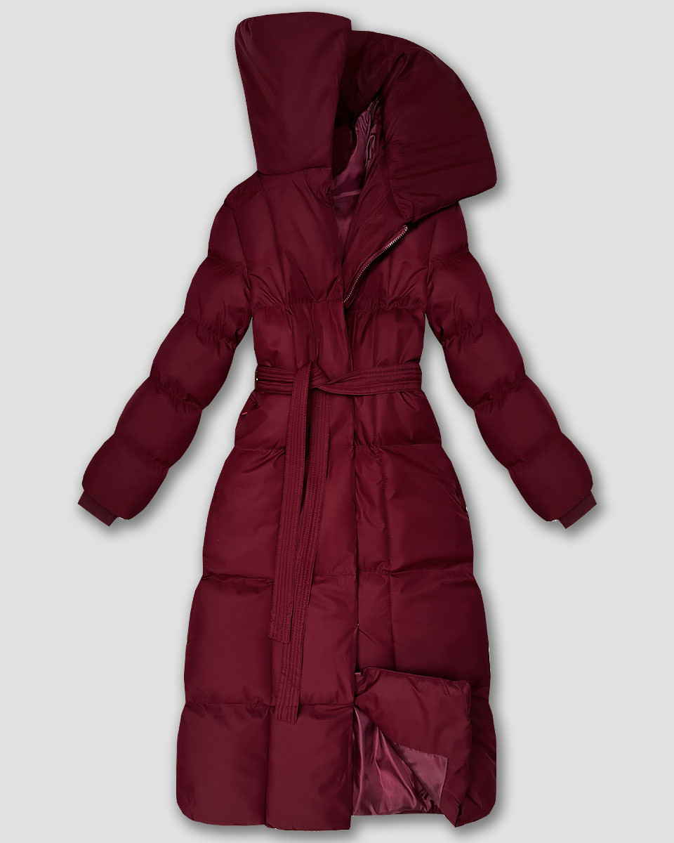 Dlouhá dámská zimní bunda ve vínové bordó barvě s páskem model 21483416 - J.STYLE odstíny červené L (40)