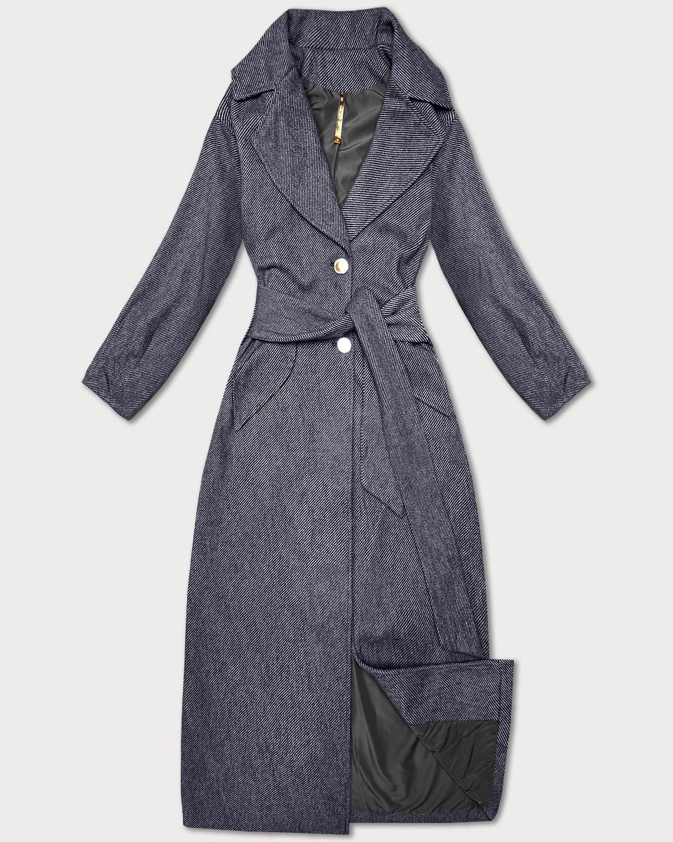Tmavomodrý dlhý pruhovaný dámsky kabát s opaskom S'West (B8542-26) odstíny modré XXL (44)