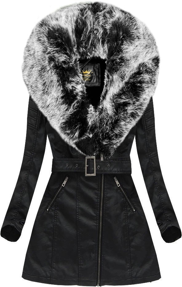 Čierno-sivý kabát z ekokože s kožušinovým golierom Libland (LD-5518) odstíny černé XL (42)