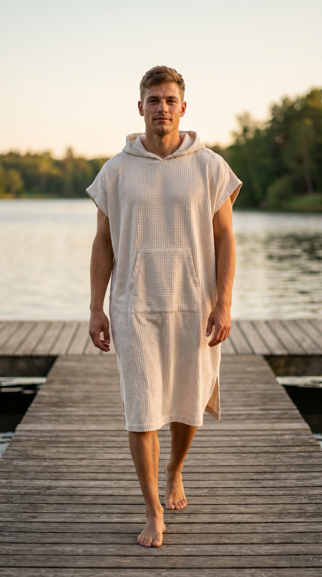 pánské vaflové pončo Saimaa s kapucí Egret L-XL