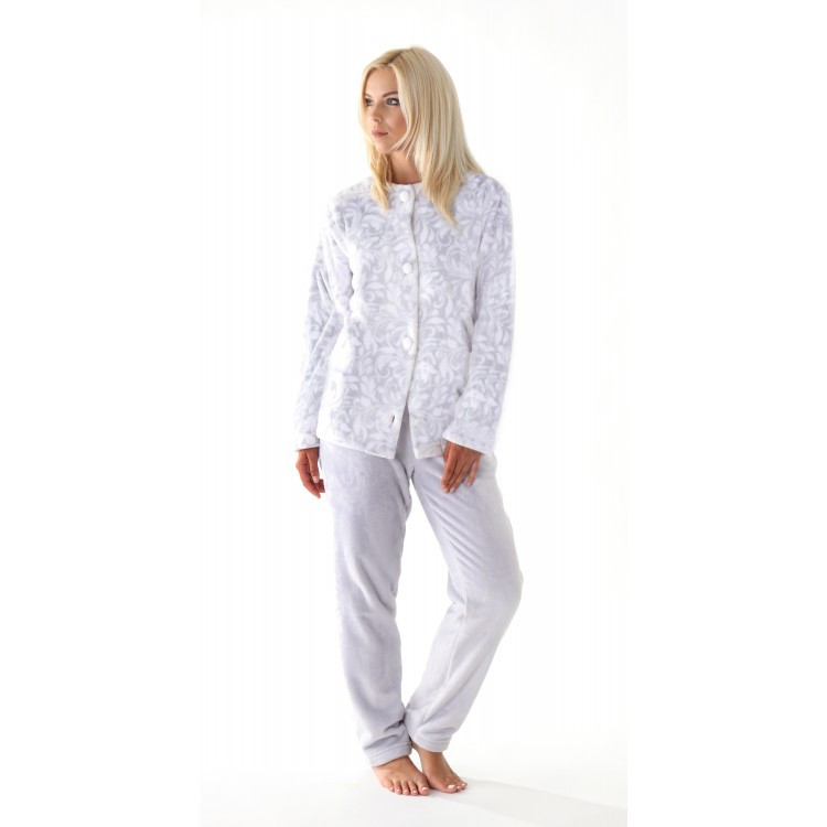 FLORA 6356 teplé pyžamo dove grey knoflík M pohodlné domácí oblečení 9102 šedý tisk na bílé