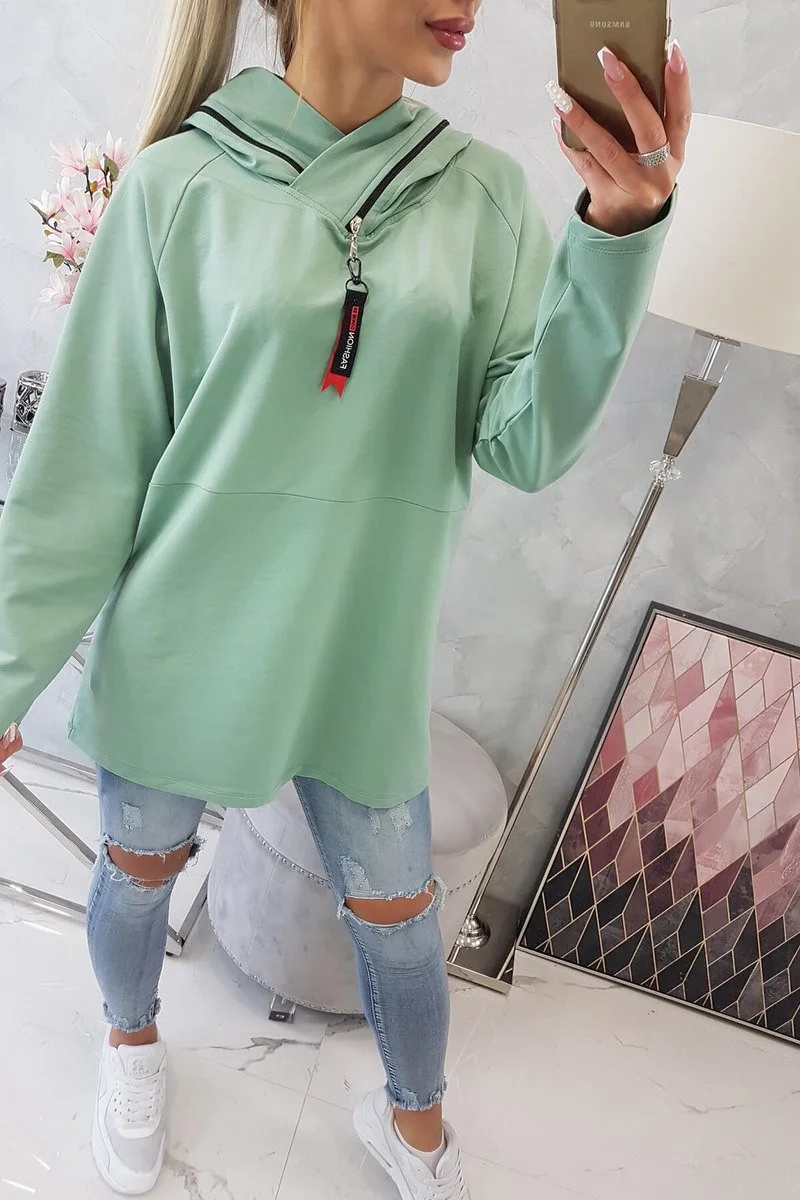 Tmavě mátová tunika na zip s kapucí Oversize UNI (obrázek 6)