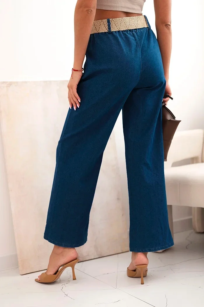 Dámske bavlnené nohavice so širokými nohavicami a opaskom denim UNI