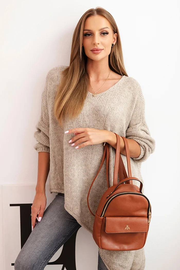 Plus veľkosť Dámske asymetrické V-neck vlnený sveter tmavo béžová UNI