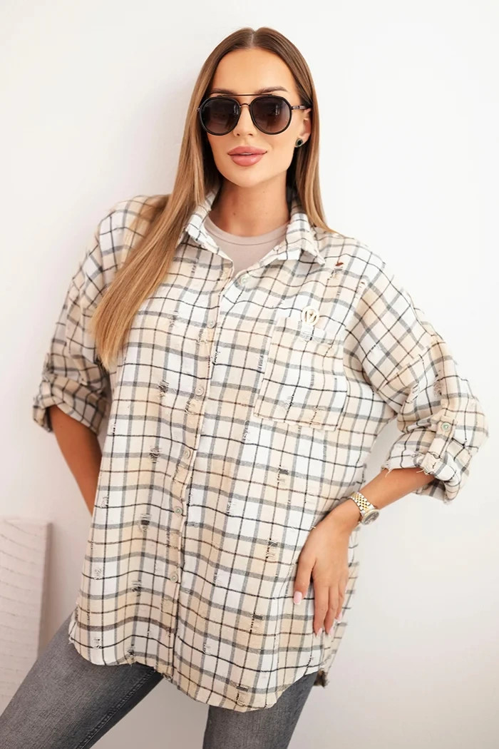 Dámske bavlnené tričko v károvanom vzore s efektom trenia béžovej farby UNI