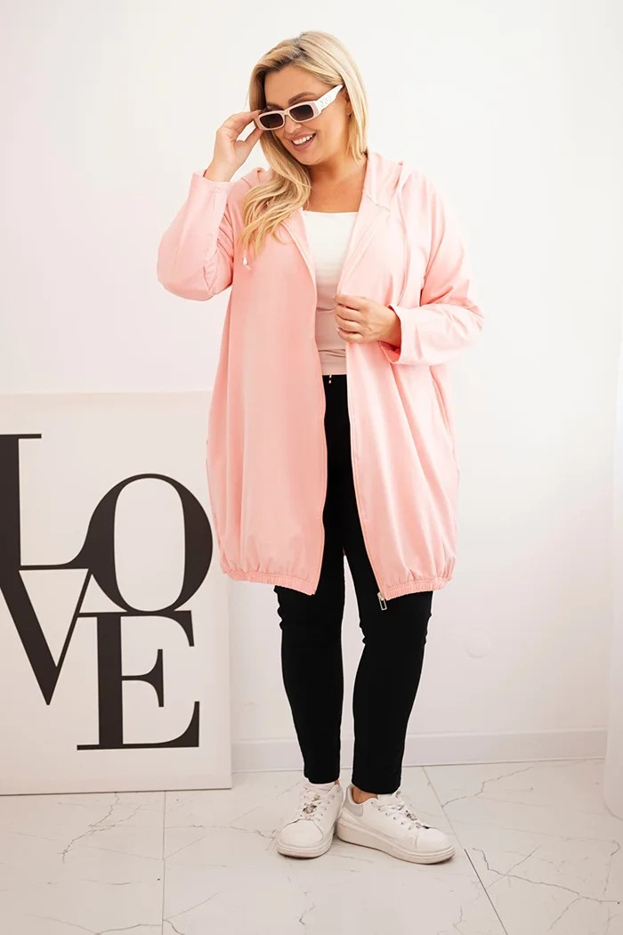 Dámská mikina Plus Size bavlněná s kapucí a zipem pudrově růžová UNI (obrázek 3)