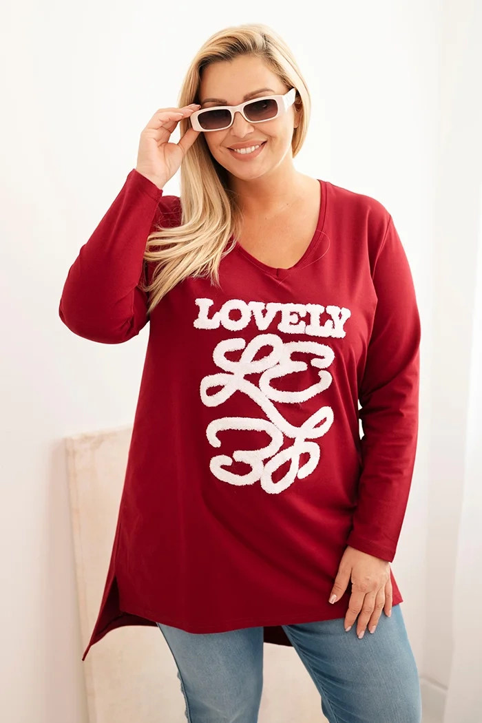 Kesi Dámská blůza Plus Size bavlněná s nápisem a výstřihem do V růžová Barva: Bordó, Velikost: 2XL