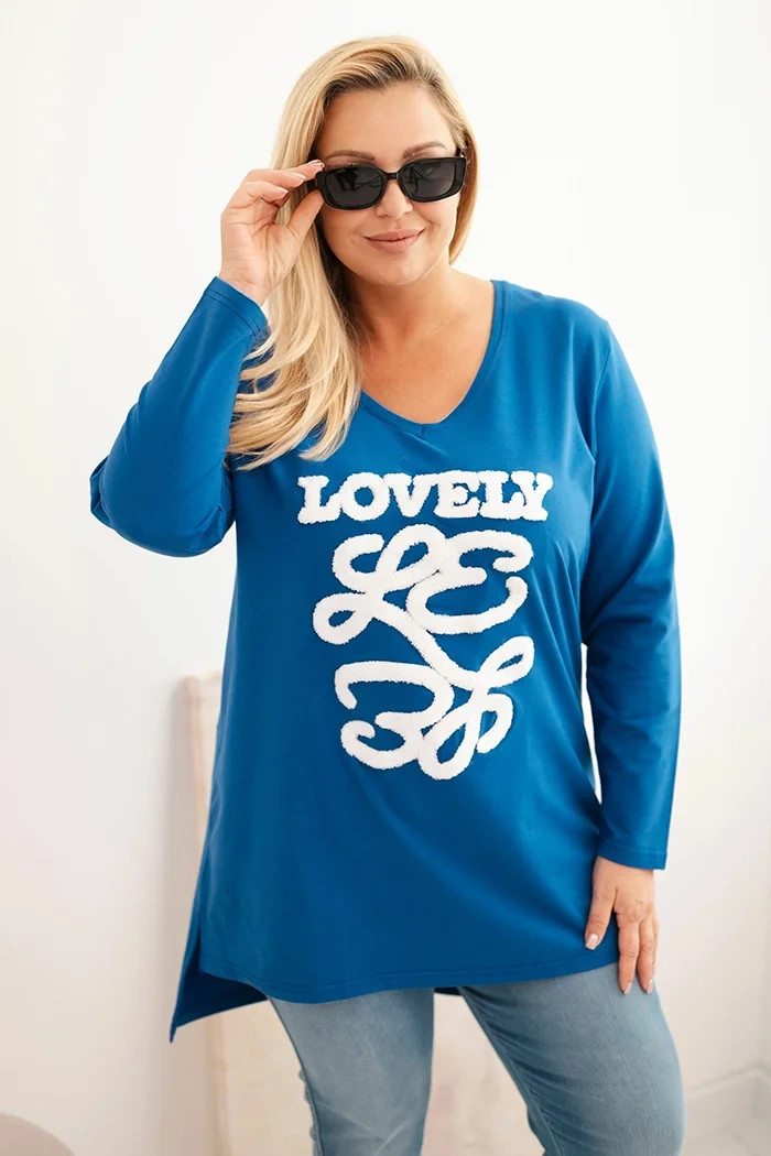 Kesi Dámská blůza Plus Size bavlněná s nápisem a výstřihem do V růžová Barva: Fialová, Velikost: 3XL