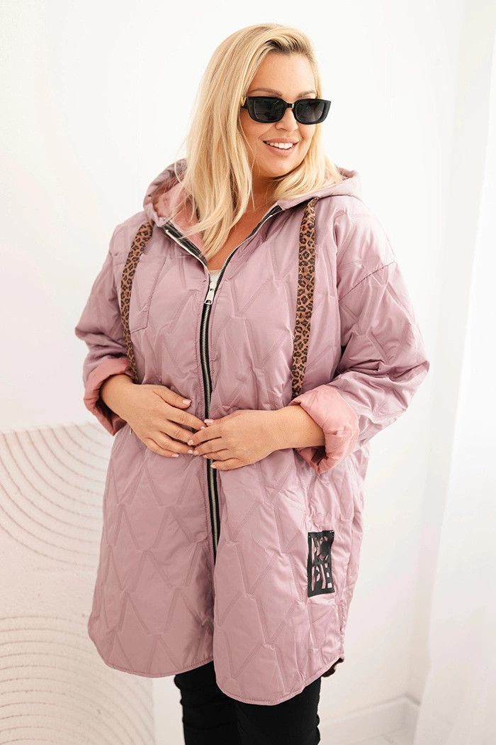 Dámska prešívaná bunda Plus Size s kapucňou a nápisom HOPE tmavo ružová UNI