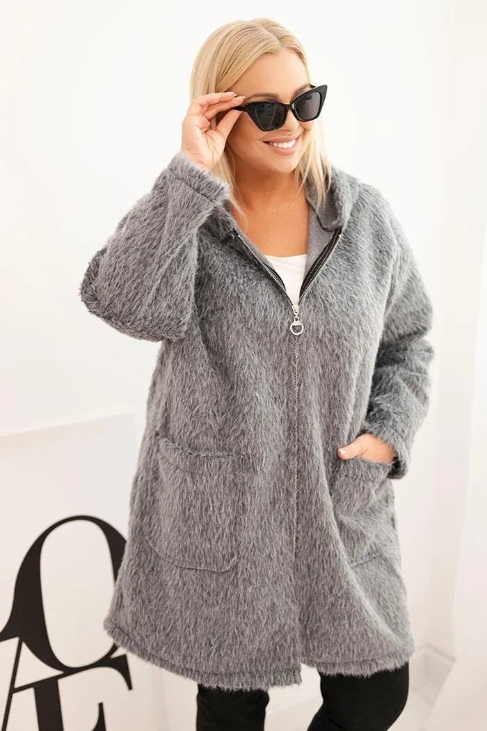 Kesi Dámský plášť Plus Size z viskózy se zapínáním na zip a kapucí Barva: Šedá, Velikost: UNI