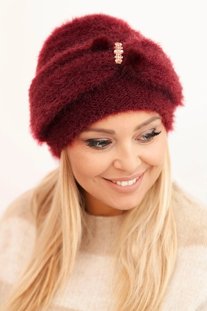 Dámska zimná čiapka s kožušinovým lemom a kožušinou bordová UNI