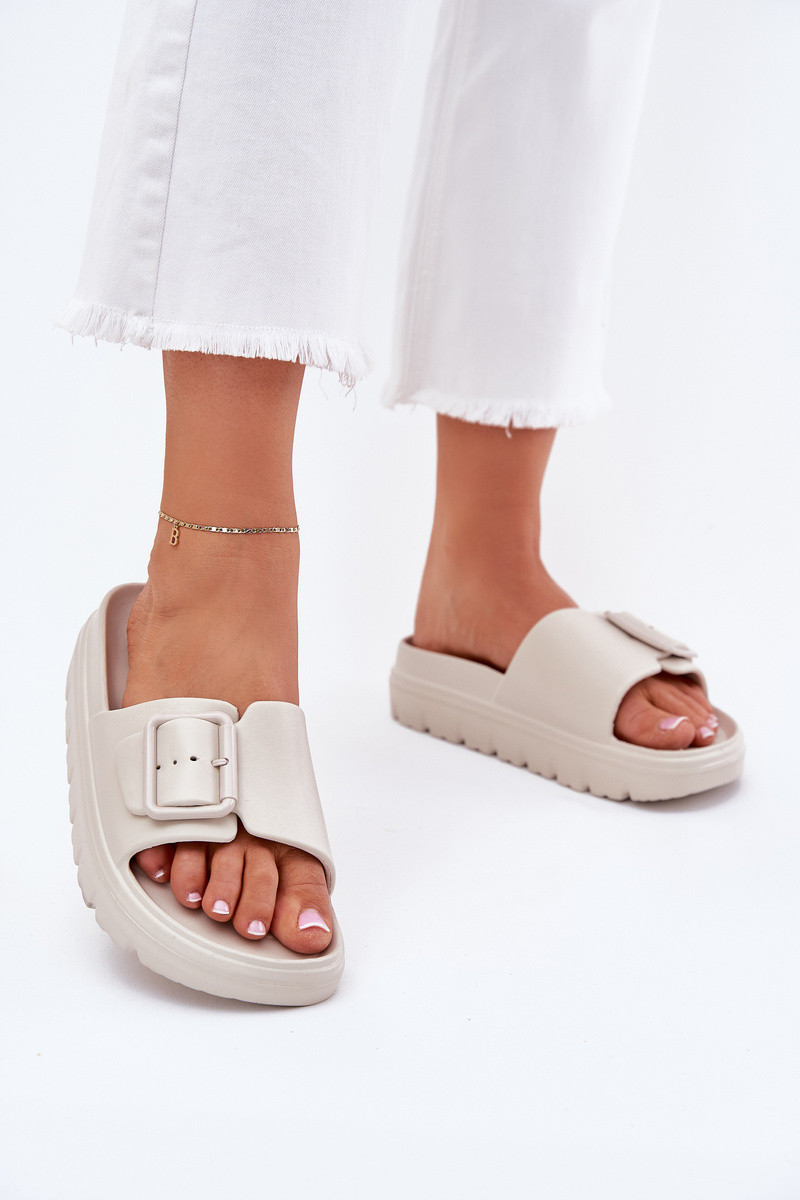 Klapki Damskie Piankowe Na Platformie Z Klamrą Beżowe Viasara 39