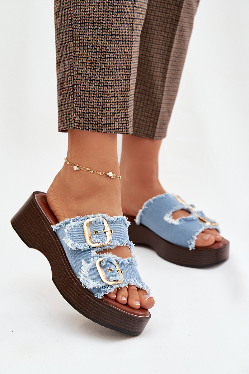 Dámské pantofle na platformě se zlatými sponami modré Renelisse 39