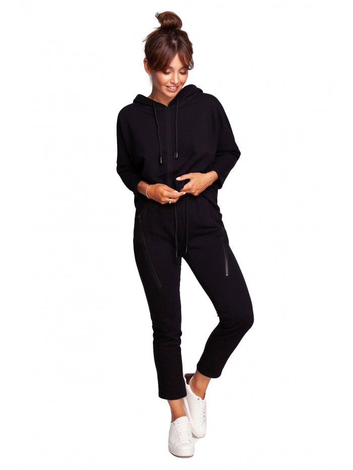 B240 Úzké pletené kalhoty s ozdobnými zipy - černé EU L