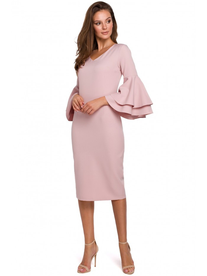 K002 Plášťové šaty s volánkovými rukávy - krémově růžové EU L