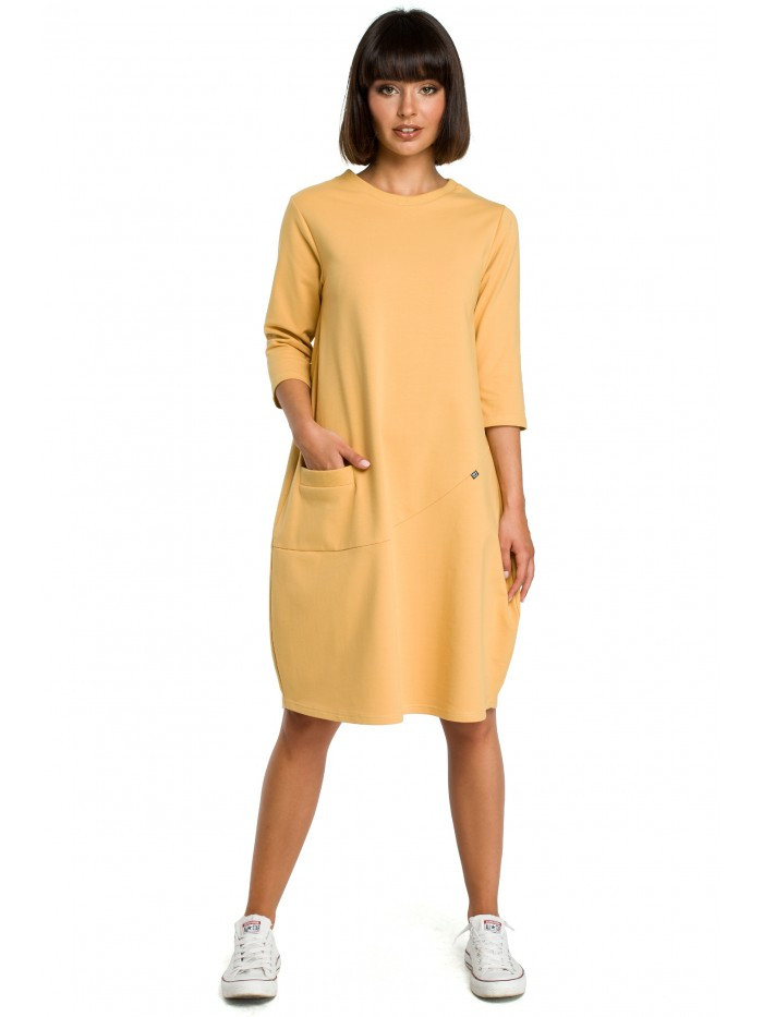 B083 Oversized šaty s přední kapsou - žluté EU XXL