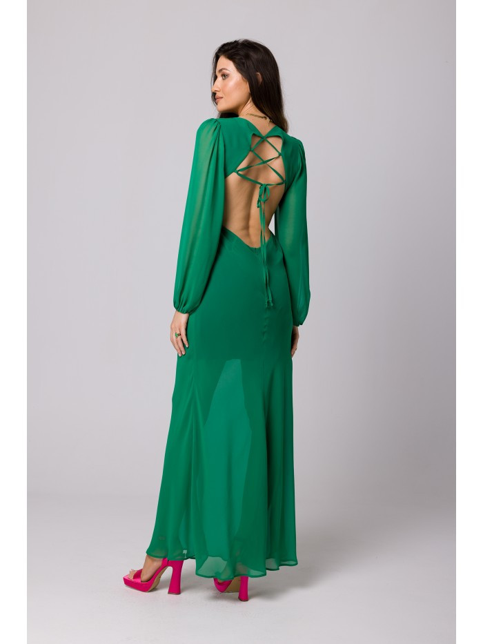 K166 Šifonové šaty s otevřenými zády - zelené EU M
