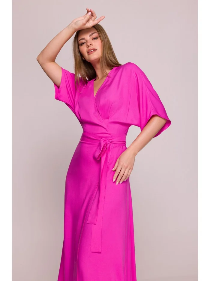 S406 Viskózové maxi šaty se zavinovacím vzorem - lila EU XL (obrázek 3)