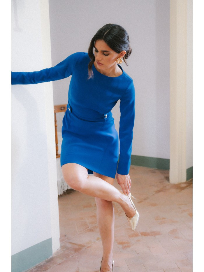 S419 Šaty s ozdobnými gombíkmi v páse - kráľovská modrá EU XL