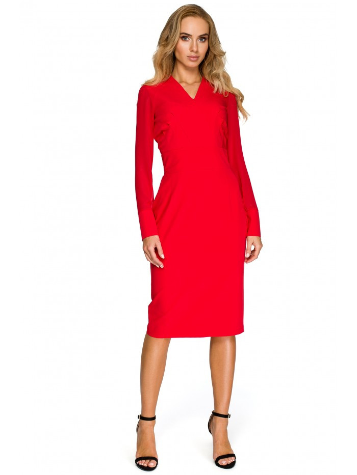 S136 Šifonové pouzdrové šaty s dlouhými rukávy - červené EU M