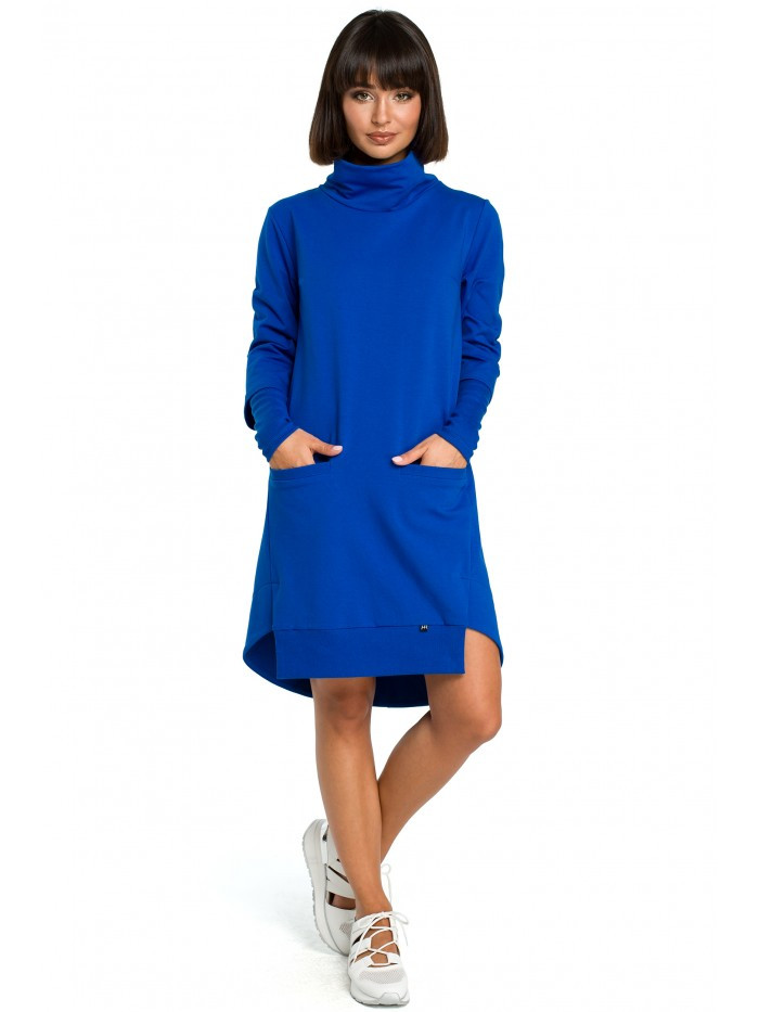 B089 Asymetrické šaty s rolovaným výstřihem - královská modř EU XL