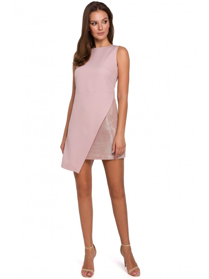 K014 Mini šaty s asymetrickým lemem - krepové růžové EU L
