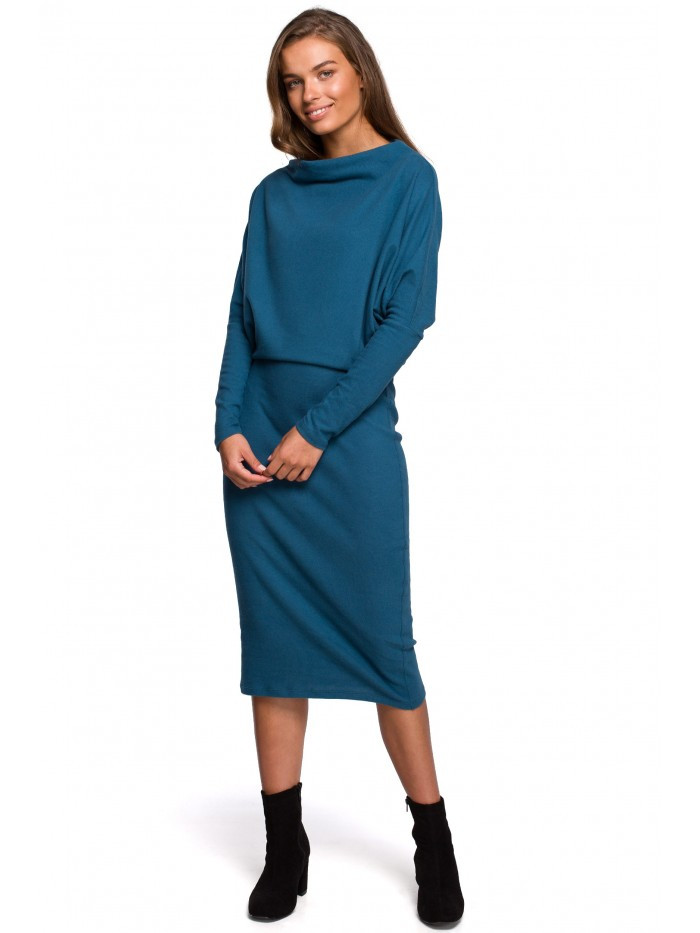 S245 Knit dress with draped neckline - ocean blue EU S/M