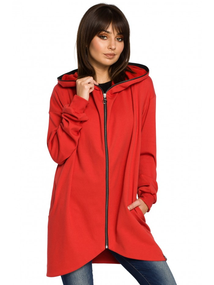 B054 Mikina s kapucí nadměrné velikosti na zip - červená EU L/XL