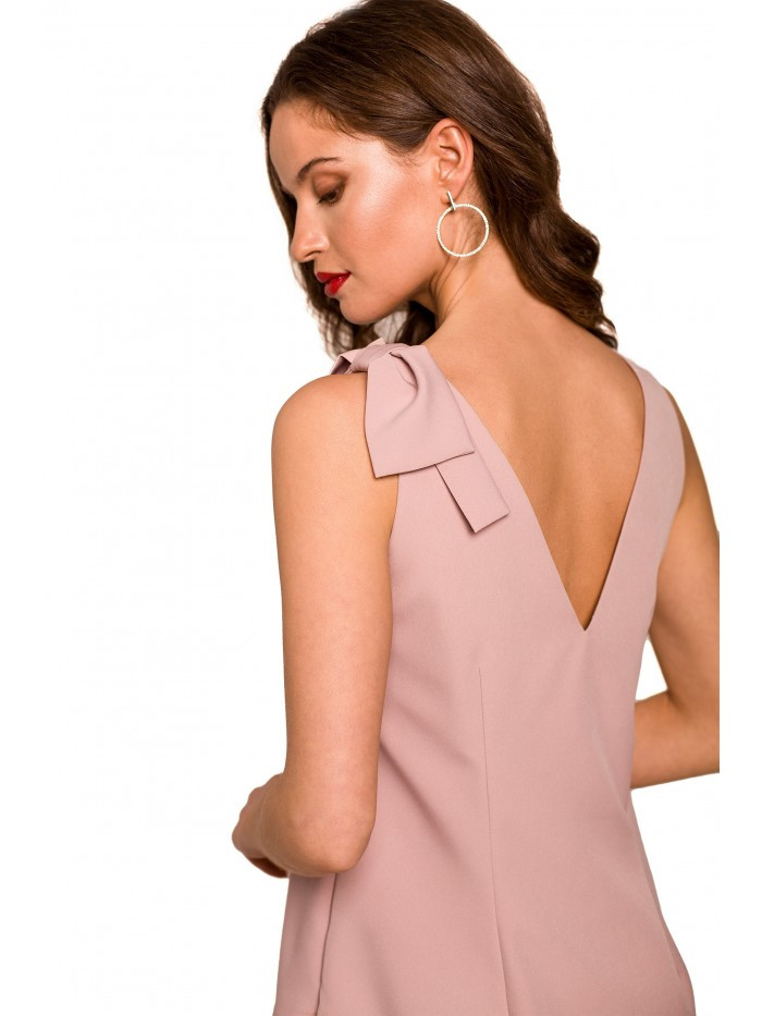 K128 Jednobarevné šaty áčkového střihu s mašlí - krepová růžová EU L