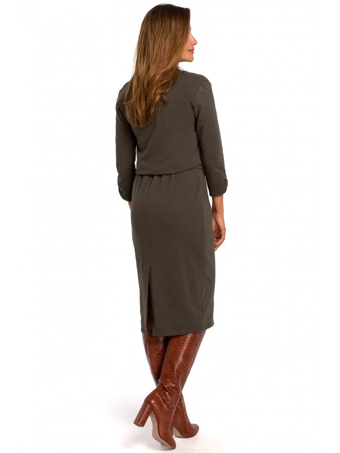 model 18002245 Pletené šaty s výstřihem do V olivové - STYLOVE Velikost: EU XL