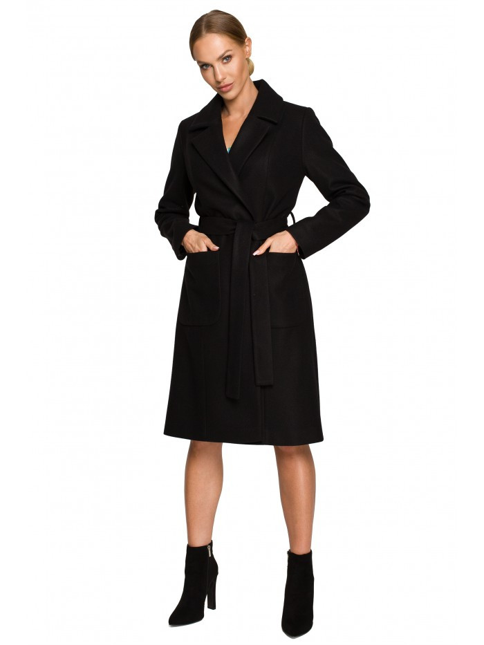 M708 Fleecový kabát s páskem a kapsami - černý EU S