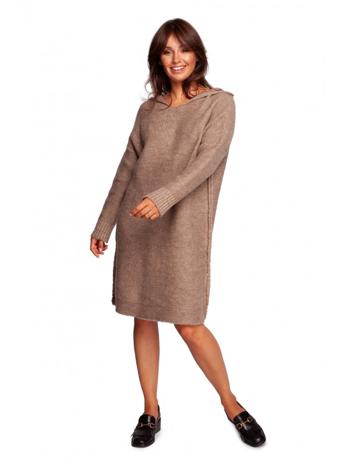 BK089 Sweater hooded dress - light brown EU S/M