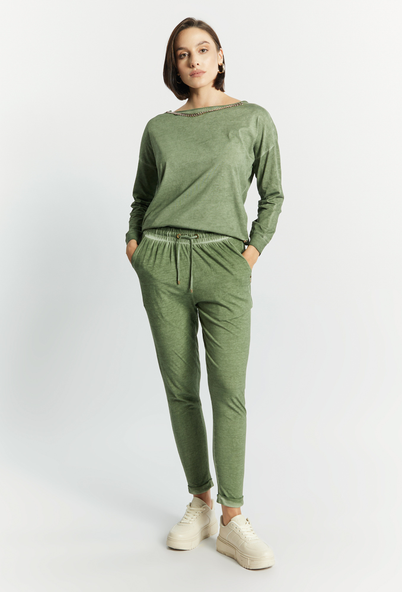 Monnari Kalhoty Dámské kalhoty s řetízkem Bottle Green 2XL