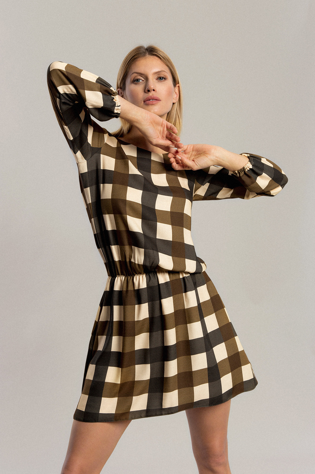 Benedict Harper Dress Aster Khaki Grid 40