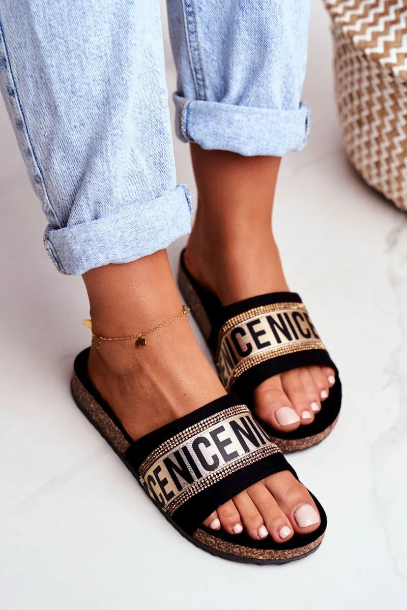 Čierno-zlaté papuče s korkovou podrážkou a zirkónmi 36