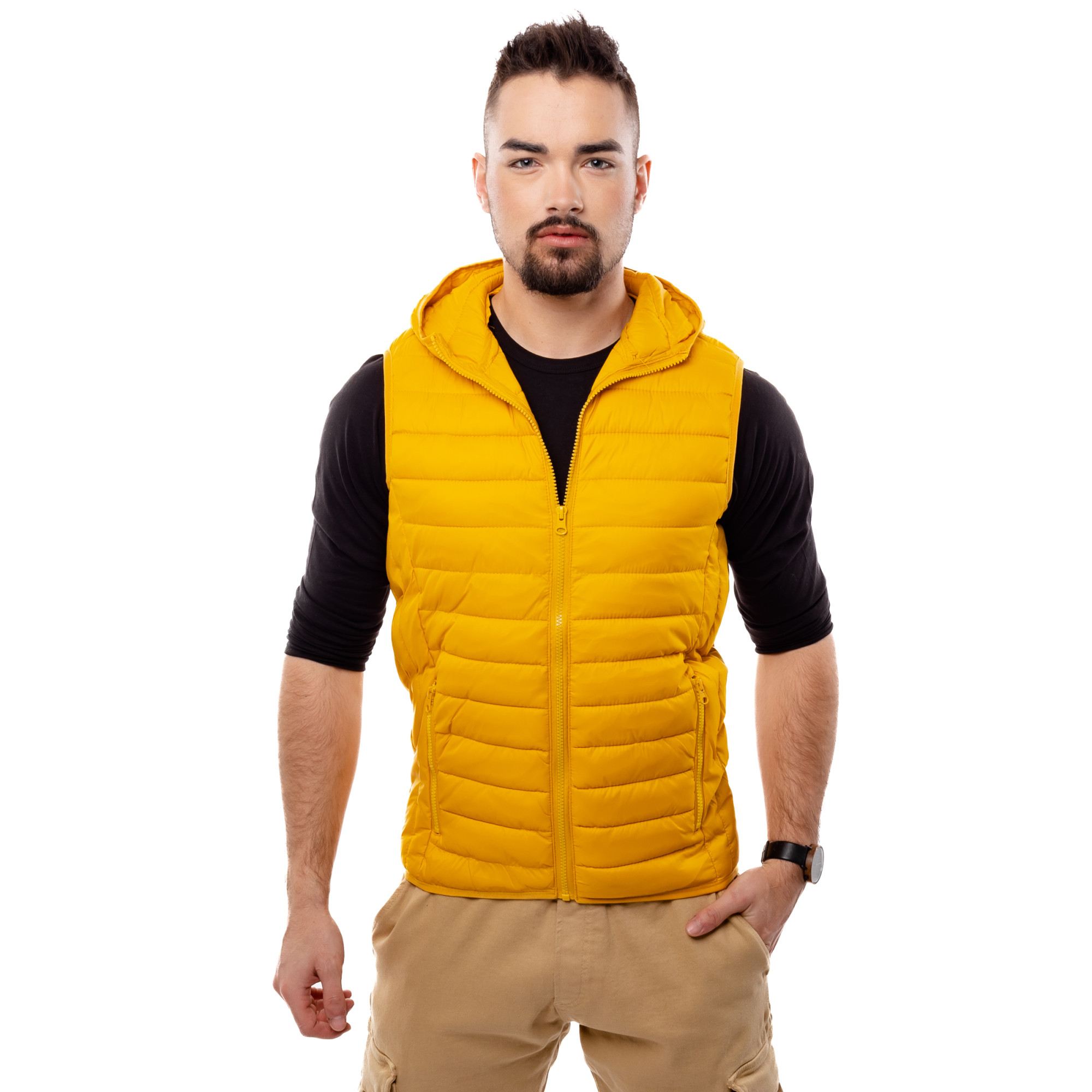 Pánská prošívaná vesta s kapucí GLANO - žlutá Velikost: L