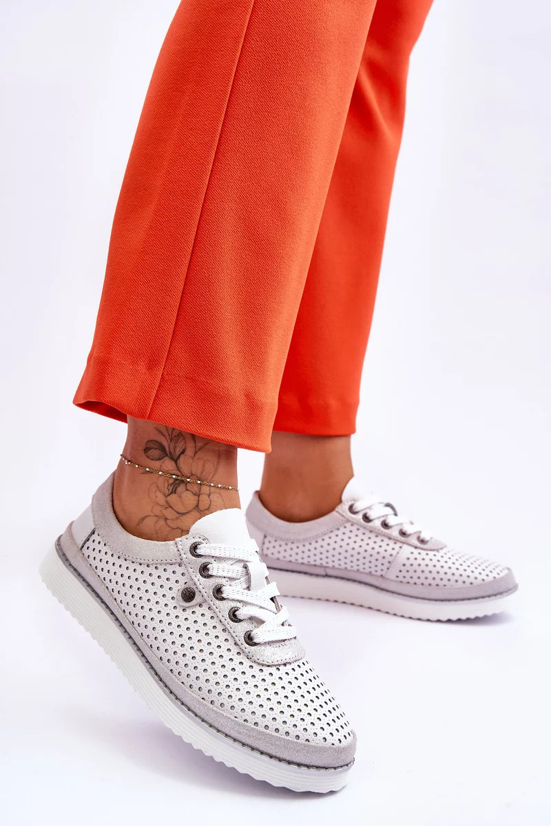 Módní kožená prolamovaná sportovní obuv Bílo-stříbrná Cantare 37