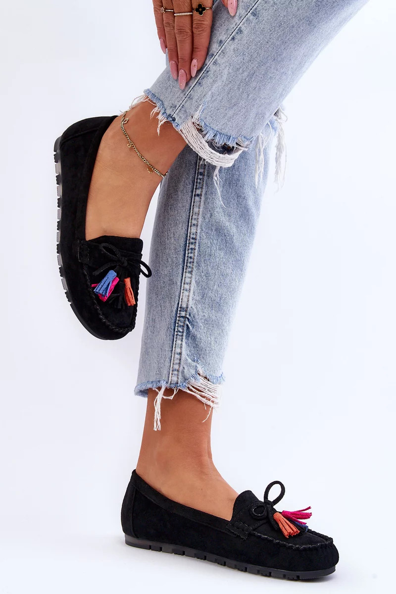 Semišové Mokasíny S Mašlí A Třásněmi Černá Dorine 36