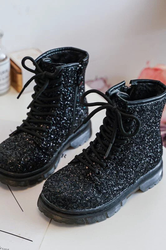 Dětské třpytivé zateplené kotníkové boty na zip, černá Saussa 21