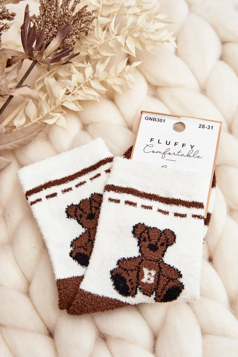 Mládežnické teplé ponožky s medvídkem, bílé a hnědé 28-31