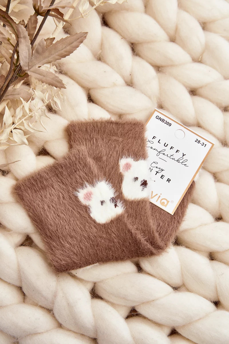 Dětské kožešinové ponožky s medvídkem, hnědé 28-31